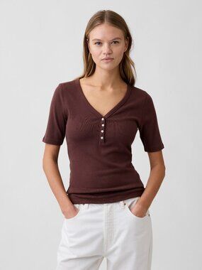 Gap Women XL Modern Ribbed V-Neck Henley Top Chocolate Bar Color 60% off Retail